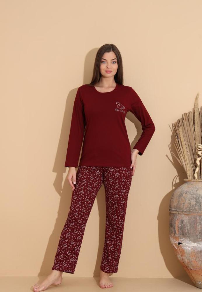 Pijama Dama „Our Family ,Pantaloni si Maneca Lunga,Culoare Visiniu,Engros